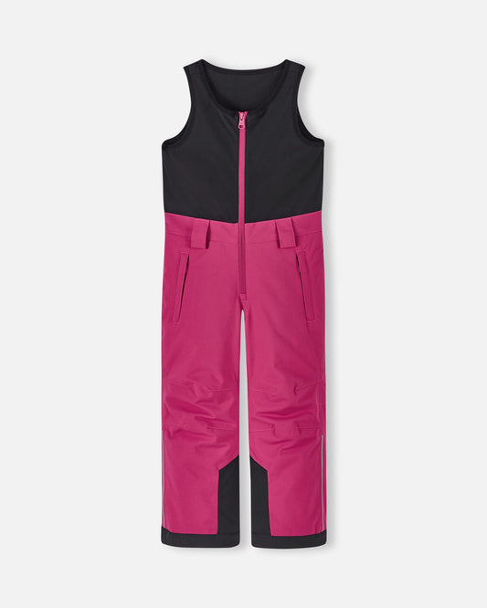 Front flat lay view of the rosy berry pink Reima Alppi kids' snow bib pants, featuring a warm black fleece upper torso vest, a smooth front zipper, and durable waterproof legs designed for active winter sports.