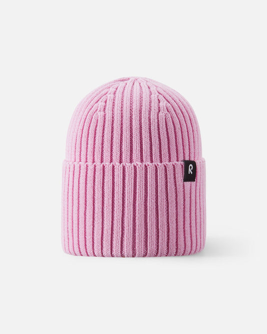 Front view of the Reima Hattara kids' organic cotton ribbed beanie in light heather pink, featuring a cozy folded cuff and a subtle black-and-white Reima logo tag.