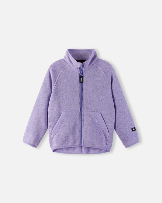Front view of the Reima Hopper kids' knit fleece jacket in blooming lilac, featuring a full-length zipper, soft ribbed-knit texture, and comfortable stand-up collar.