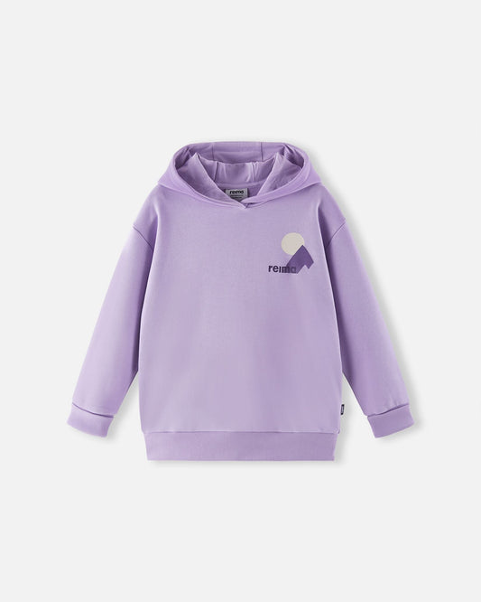 Front view of the Reima Huppis kids' organic cotton pullover hoodie in blooming lilac, featuring a relaxed fit, a cozy lined hood, ribbed cuffs, and a small geometric mountain logo graphic on the chest.