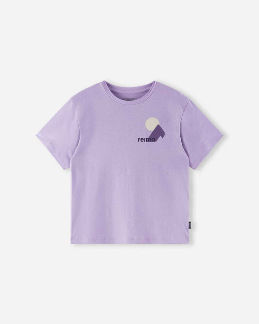 Front view of the Reima Ikioma kids' UPF 50+ sunproof short-sleeve t-shirt in blooming lilac, featuring a comfortable everyday fit and a subtle mountain logo graphic on the left chest.