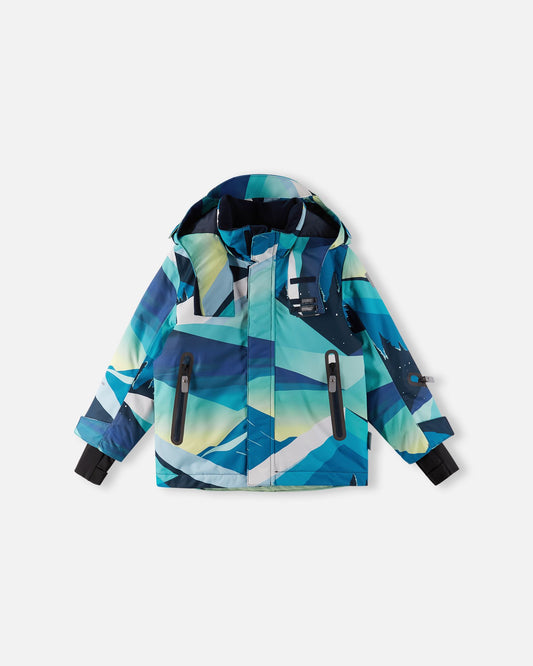 Front flat lay view of the bright blue Reima Kairala kids' waterproof ski jacket, featuring a vibrant geometric mountain pattern, an adjustable hood, and sealed waterproof zippers.