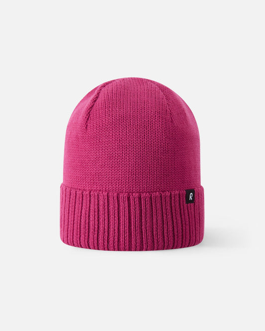 Front view of the Reima Kalotti kids' merino wool beanie hat in a vibrant rosy berry pink, featuring a classic ribbed fold-over brim.