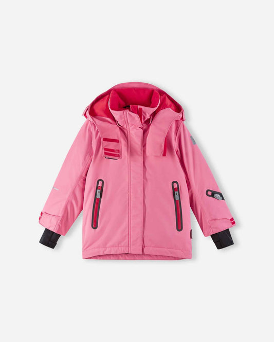 Front flat lay view of the solid soft coral pink Reima Kiiruna girls' ski jacket, highlighting the waterproof Reimatec shell, contrasting dark pink zippers, and an adjustable hood designed for winter sports.