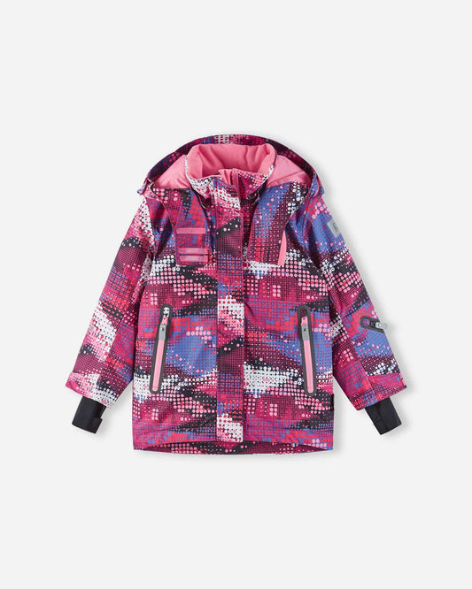 Front flat lay view of the Reima Kiiruna kids' ski jacket in rosy berry print, showcasing the vibrant pixelated geometric dot pattern, waterproof Reimatec construction, insulated hood, and contrast zippered pockets.
