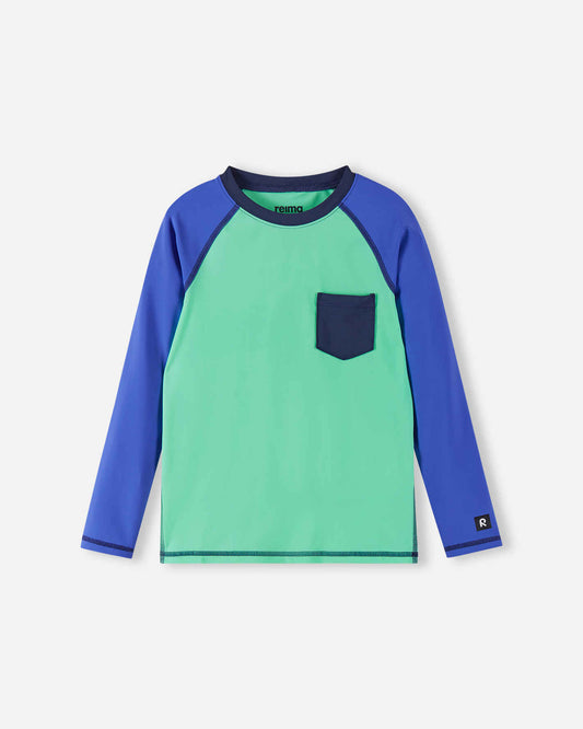 Front view of the Reima Kroolaus kids' UPF 50+ sunproof rash guard, featuring a fresh mint green body, long blue raglan sleeves for maximum sun protection, and a small blue chest pocket.