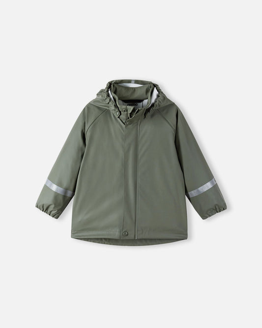 Front view of the Reima Lampi kids' raincoat in a versatile greyish-green, featuring a fully waterproof exterior, a protective snap-button storm flap over the front zipper to seal out wind and rain, and highly visible reflective safety bands on both sleeves.