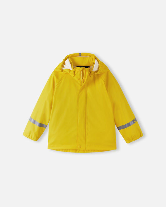 Front view of the Reima Lampi kids' raincoat in bright yellow, featuring a protective snap-button storm flap over the main zipper, reflective safety bands on the sleeves, and a child-safe detachable hood.
