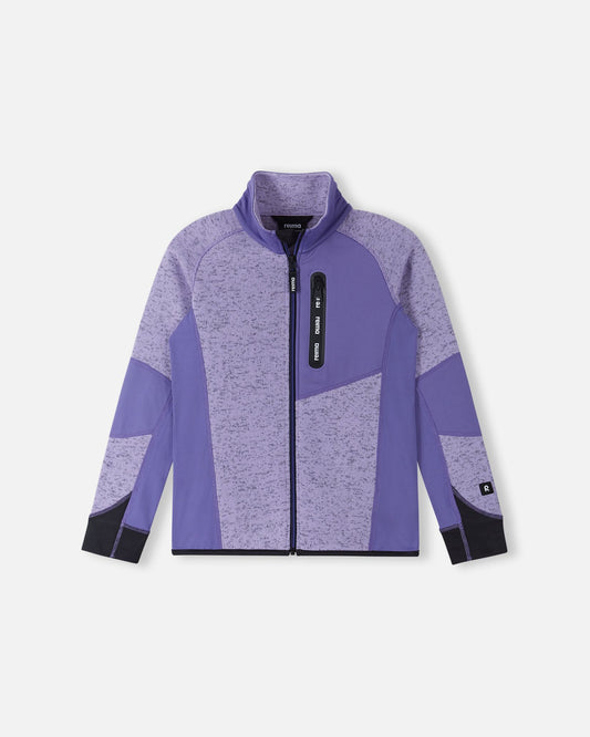 Front view of the Reima Laskien kids' fleece mid-layer jacket in blooming lilac, featuring a full-length zipper, zippered chest pocket, and durable contrast panels for active play.