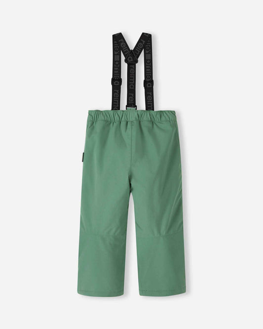 Back flat lay view of the green clay Reima Loikin kids' winter snow pants, showcasing the clean lines, elastic waistband, and durable reinforced lower legs built to withstand heavy wear and tear on the mountain.