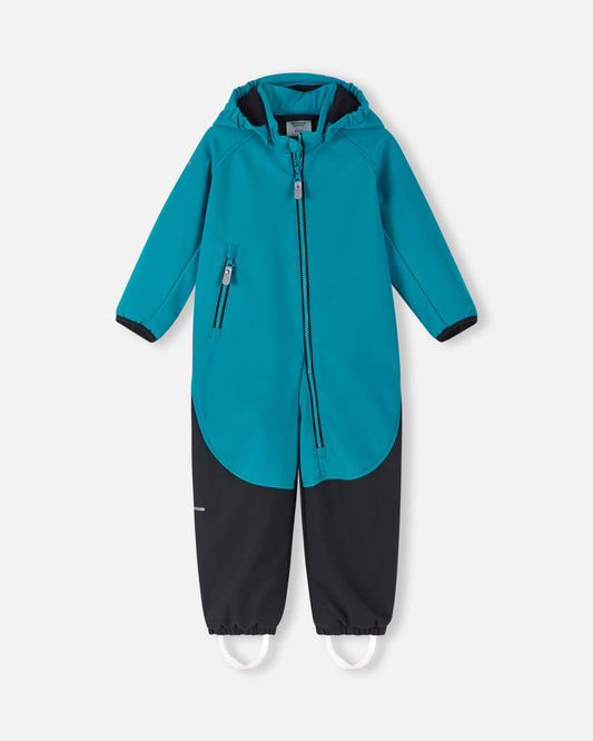 Front view of the Reima Mjosa kids' waterproof softshell overall in vibrant aquatic blue and black, featuring a full front zipper, detachable hood, and reinforced wear-resistant lower legs.