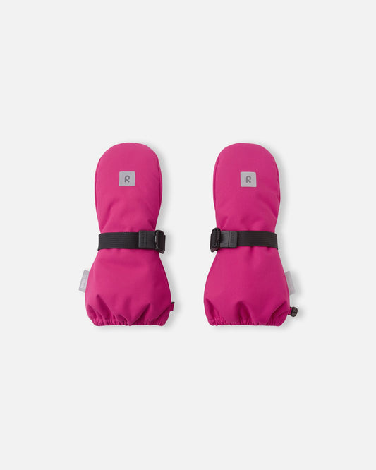 Top view of the rosy berry Reima Ote kids' winter mittens, featuring a reflective safety logo, a durable waterproof outer shell, and an adjustable black velcro wrist strap to keep out snow.