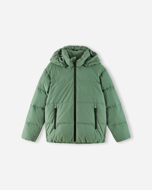 Front flat lay view of the green clay Reima Paimio kids' winter down jacket, featuring warm horizontal quilted baffles, a full-length black center zipper, and an insulated hood.