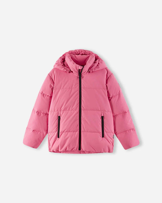 Front flat lay view of the soft coral pink Reima Paimio kids' winter down jacket, featuring warm horizontal quilted baffles, a full-length black center zipper, and an insulated hood designed for cold weather.