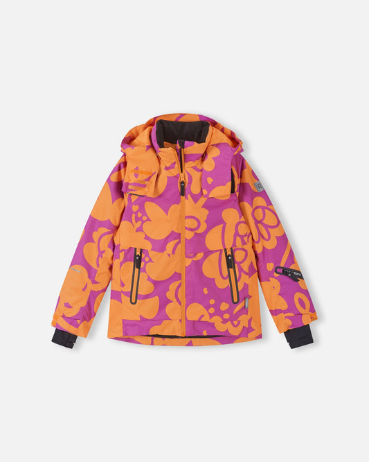 Front flat-lay view of the Reima Posio girls' waterproof ski jacket in a vibrant fuchsia and orange floral print, featuring a detachable hood, water-repellent front zipper, and zippered hand pockets.