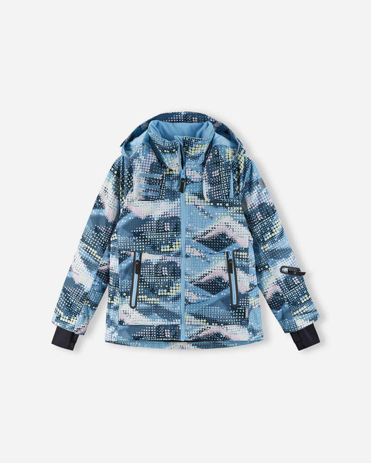 Front view of the frozen blue Reima Posio kids' waterproof winter ski jacket, showcasing the unique digital mountain pattern, sealed light blue front zipper, and adjustable cuffs.