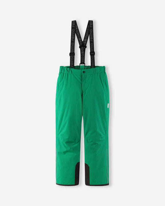 Front flat lay view of the bright green Reima Proxima kids' winter ski pants, featuring adjustable Reima-branded black suspenders, a zippered fly, and durable black reinforced hems designed for alpine skiing.