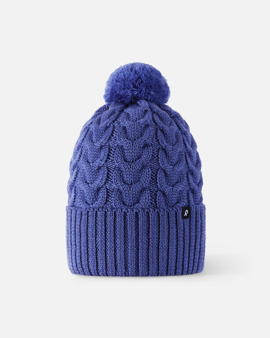 Front flat lay view of the breezy violet purple Reima Routii kids' knitted winter hat. The image showcases the premium merino wool-blend yarn, a stylish cable knit texture, and a matching soft yarn pom-pom on top.