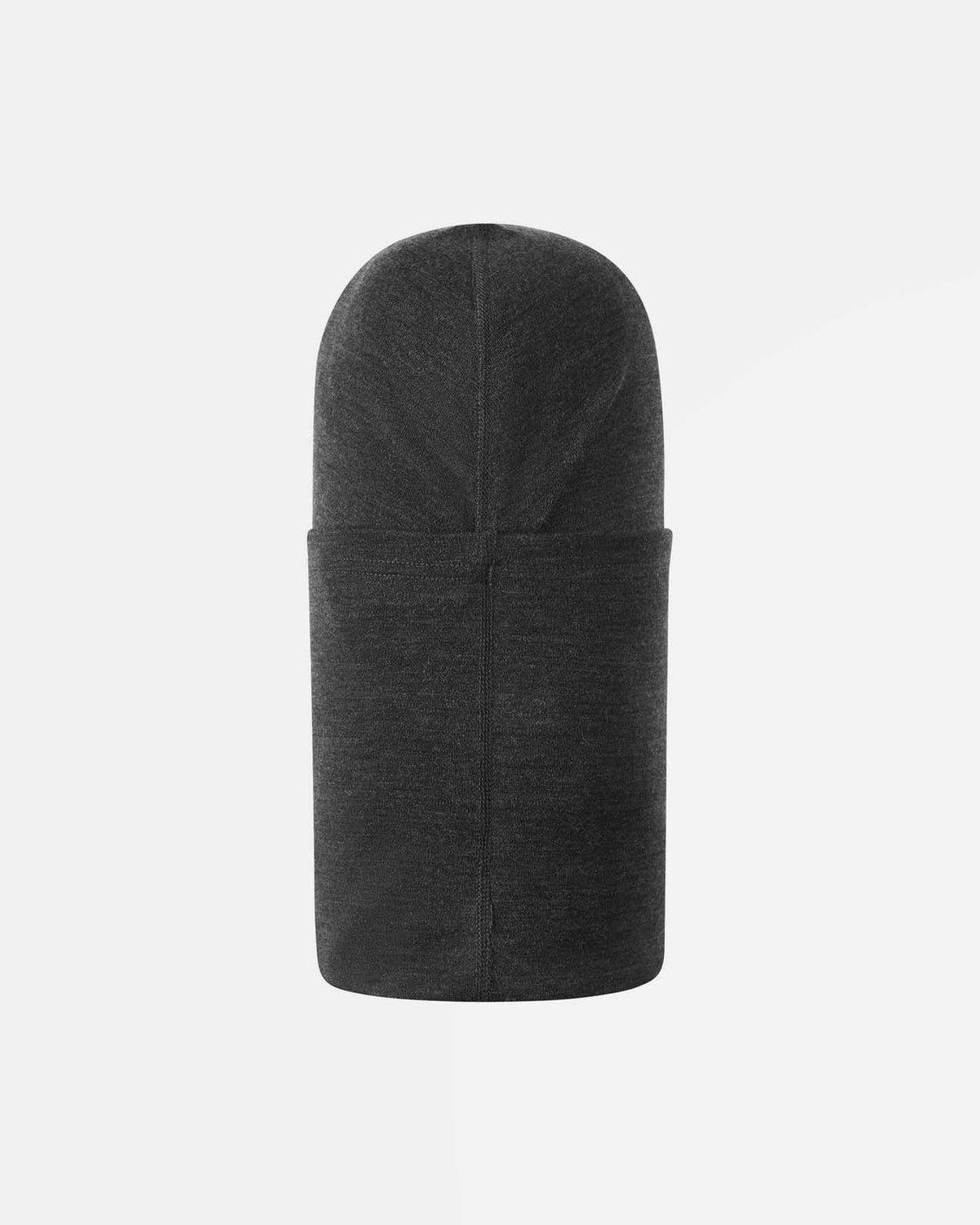 Back flat lay view of the black melange Reima Salassa kids' wool balaclava, displaying the streamlined, form-fitting silhouette and smooth center seam that ensures itch-free comfort during all-day snow activities.