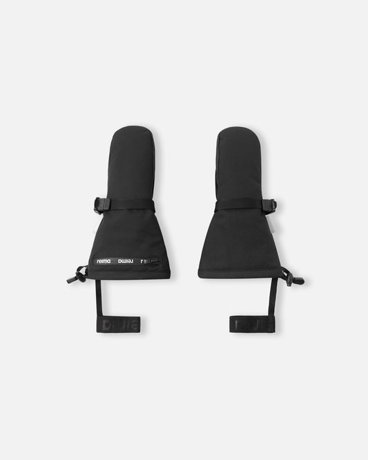 Flat lay view of the backs of the classic black Reima Snoukka kids' ski mittens, featuring an extra-long snow-blocking gauntlet cuff, adjustable wrist straps for a secure fit, and elastic safety wrist leashes.
