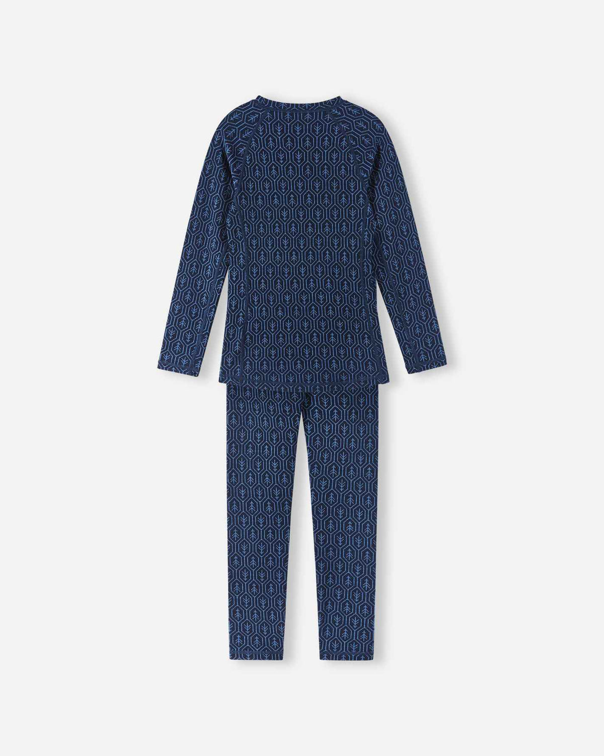 Back flat lay view of the navy Reima Taival children's merino wool thermal underwear set, showcasing the seamless fit and breathable natural knit construction designed for active outdoor layers.