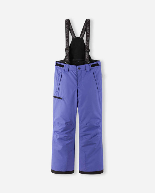 Front flat lay view of the breezy violet purple Reima Terrie kids' winter snow ski pants, featuring adjustable Reima-branded suspenders, a zippered thigh pocket, and durable waterproof construction designed for alpine skiing and snowboarding.