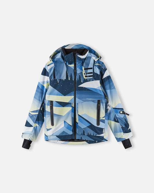 Front flat lay view of the ocean blue Reima Tirro kids' waterproof ski jacket, featuring a vibrant winter mountain landscape pattern, a detachable hood, and secure waterproof zipper pockets.
