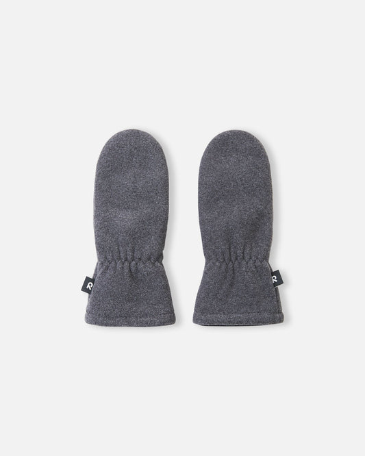 Flat lay view of the backs of the black melange Reima Tumpus kids' fleece mittens, highlighting the cozy winter material and elasticized wrists designed to keep cold air out.