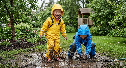 Two young children wearing hooded waterproof rain gear play happily in a muddy backyard puddle.