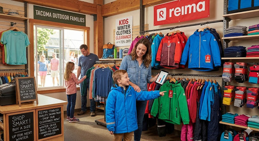 A family shops for kids' winter coats inside an outdoor clothing store featuring Reima clearance sales.