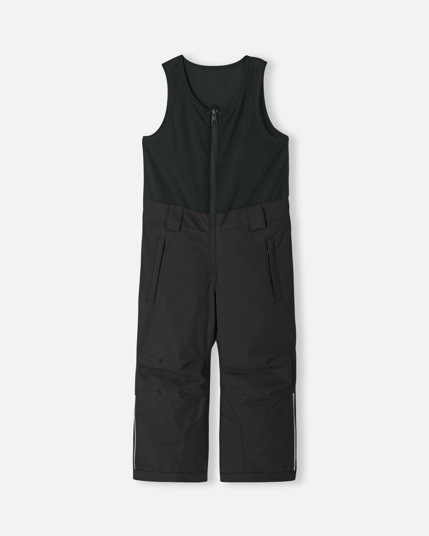 Front flat lay view of the classic black Reima Alppi kids' snow bib pants. The image highlights the integrated warm fleece vest top, secure center zipper, and reinforced lower legs built for rugged winter conditions.