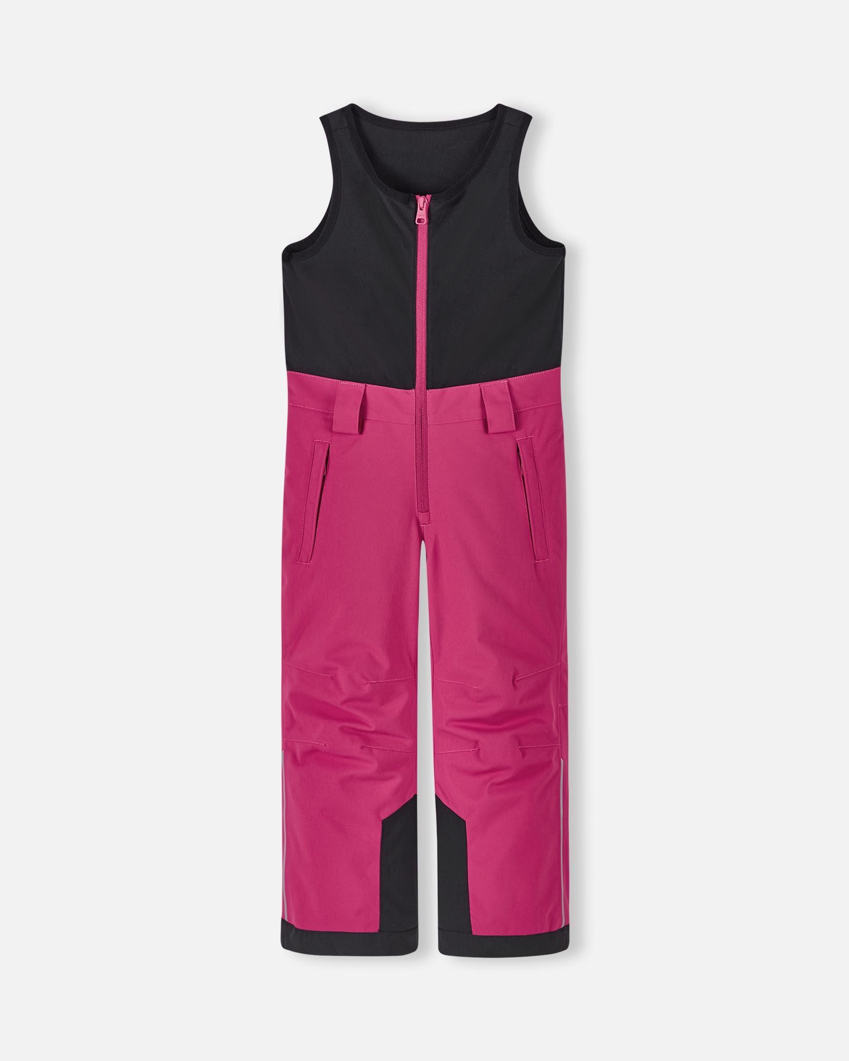 Front flat lay view of the rosy berry pink Reima Alppi kids' snow bib pants, featuring a warm black fleece upper torso vest, a smooth front zipper, and durable waterproof legs designed for active winter sports.