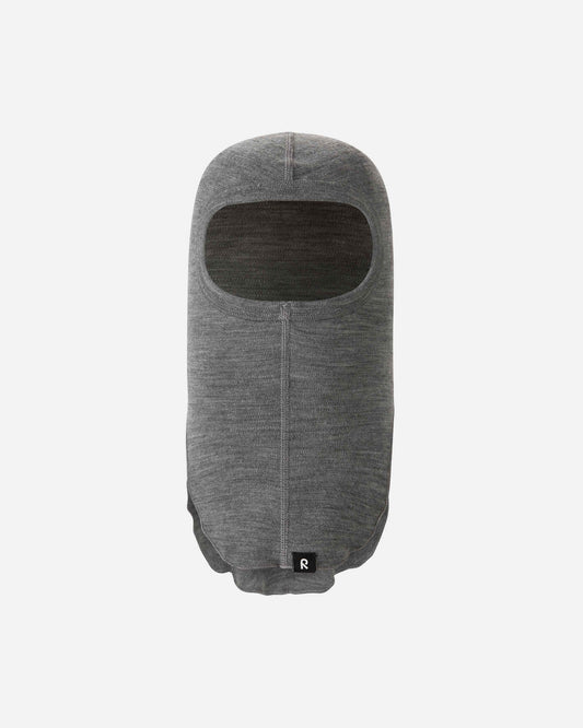 Front flat lay view of the melange grey Reima Aurora children's winter balaclava, showcasing the extended neck design that provides an essential thermal base layer for extreme cold weather.
