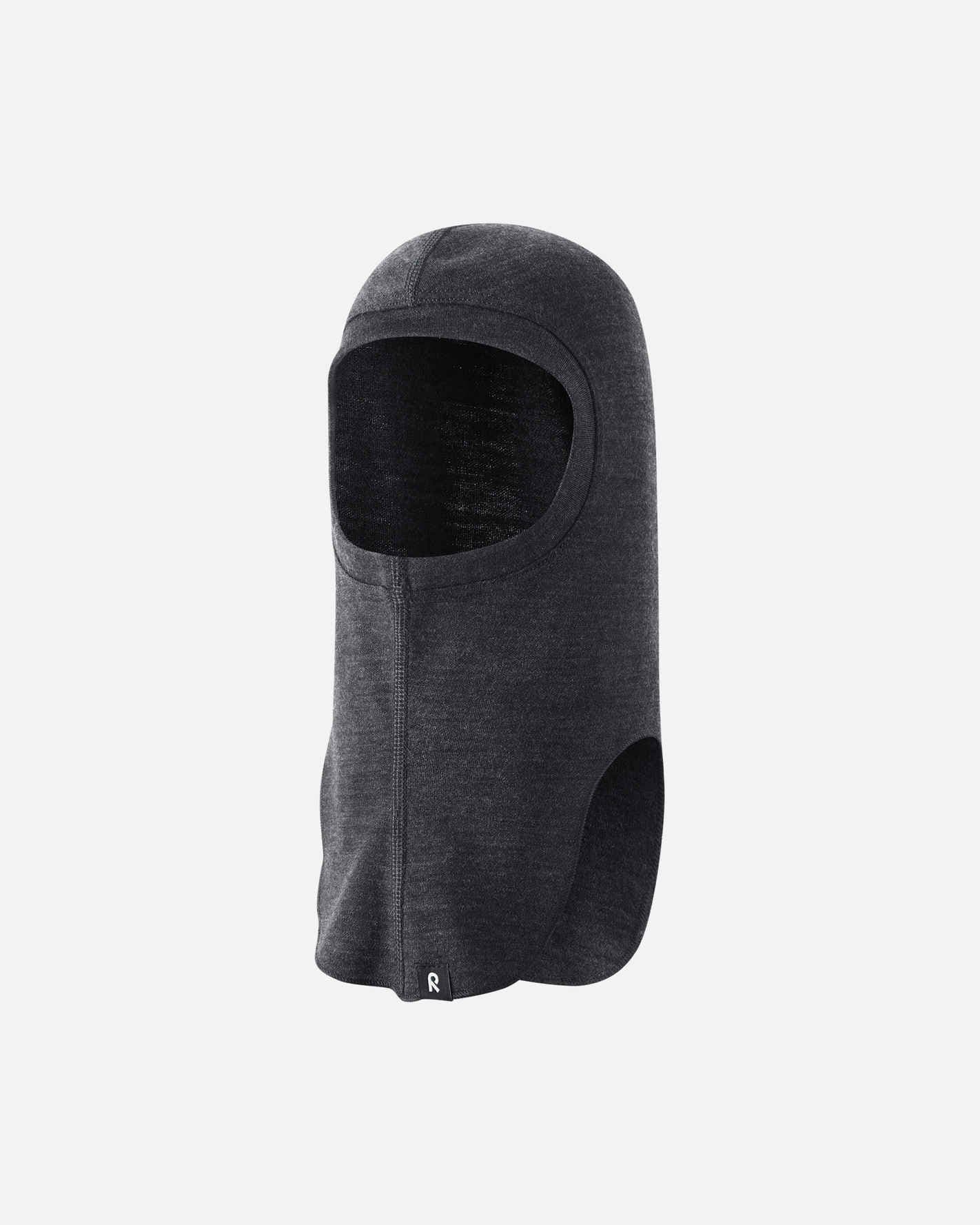 Angled front view of the black melange Reima Aurora children's wool balaclava, showcasing the snug, stretchy facial opening that fits comfortably under ski helmets for optimal winter sports layering.