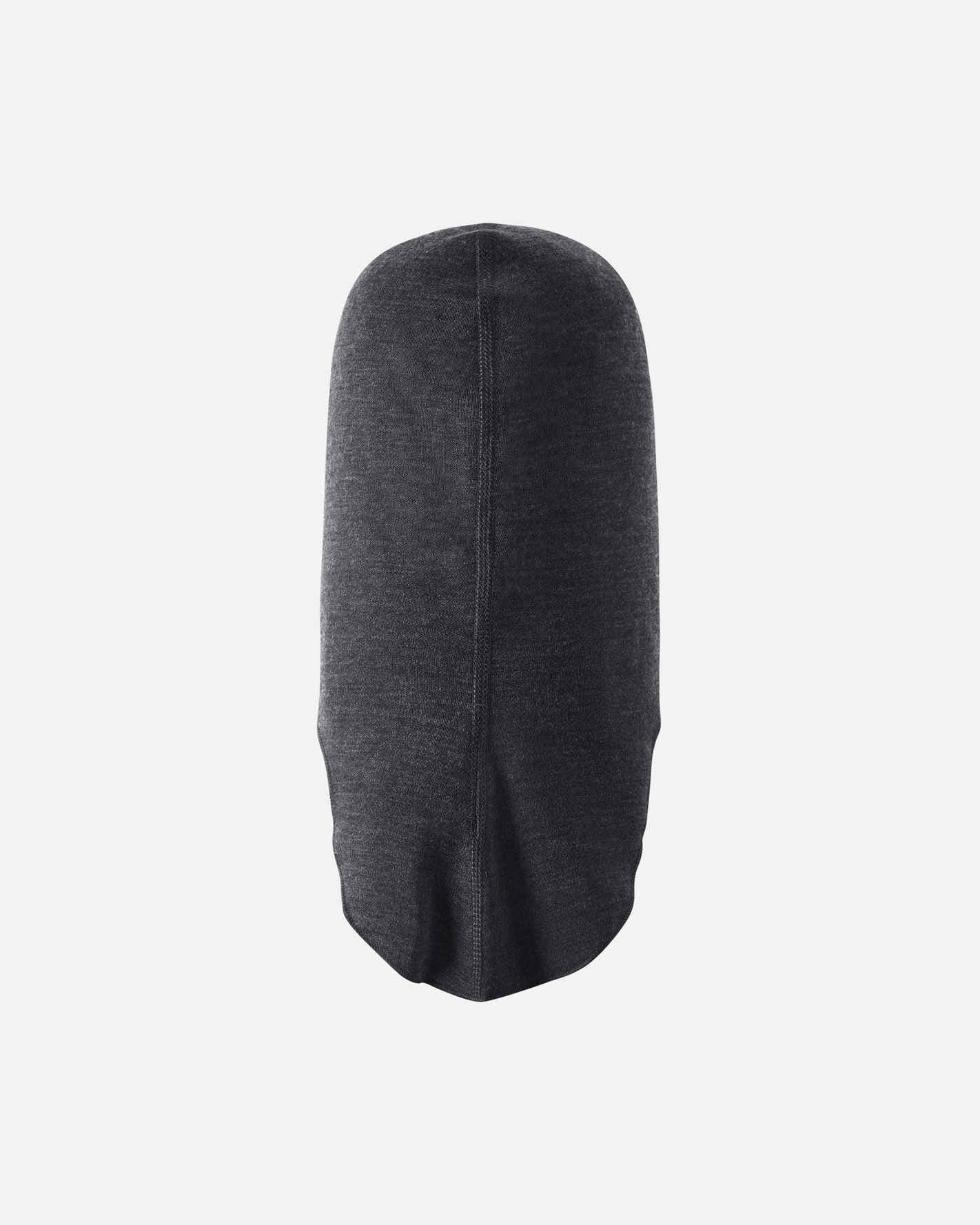 Back flat lay view of the black melange Reima Aurora kids' wool base layer balaclava, emphasizing the smooth, seamless-looking construction engineered for itch-free comfort during active snow play.