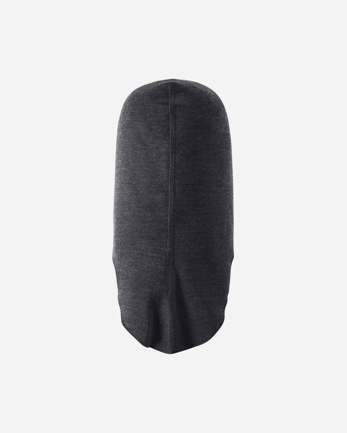 Back flat lay view of the black melange Reima Aurora kids' wool base layer balaclava, emphasizing the smooth, seamless-looking construction engineered for itch-free comfort during active snow play.