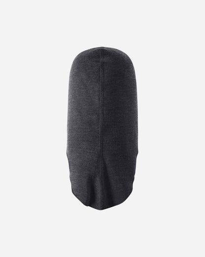 Back flat lay view of the black melange Reima Aurora kids' wool base layer balaclava, emphasizing the smooth, seamless-looking construction engineered for itch-free comfort during active snow play.