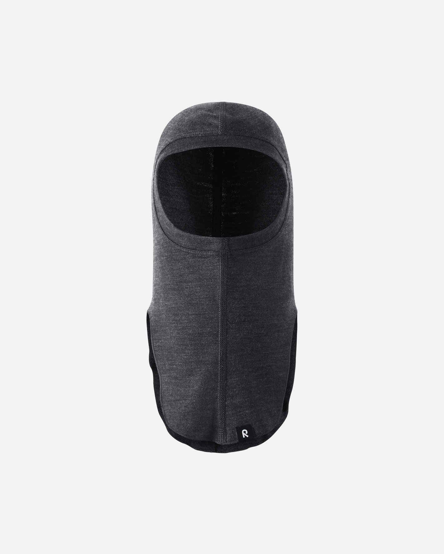 Front flat lay view of the black melange Reima Aurora kids' wool base layer balaclava, highlighting the full coverage design for the head, neck, and upper chest to protect against cold winter drafts.