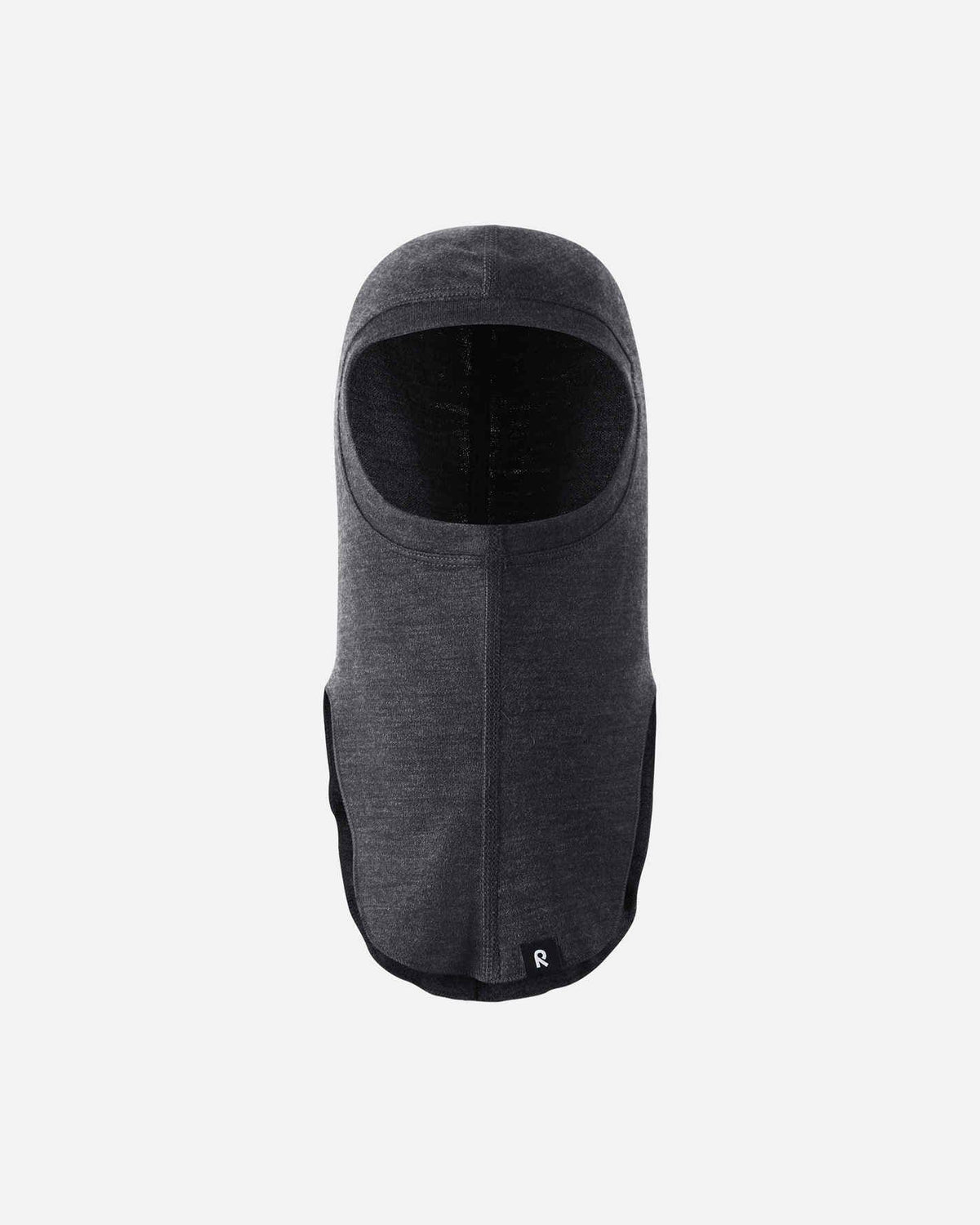 Front flat lay view of the black melange Reima Aurora kids' wool base layer balaclava, highlighting the full coverage design for the head, neck, and upper chest to protect against cold winter drafts.