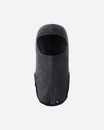 Front flat lay view of the black melange Reima Aurora kids' wool base layer balaclava, highlighting the full coverage design for the head, neck, and upper chest to protect against cold winter drafts.