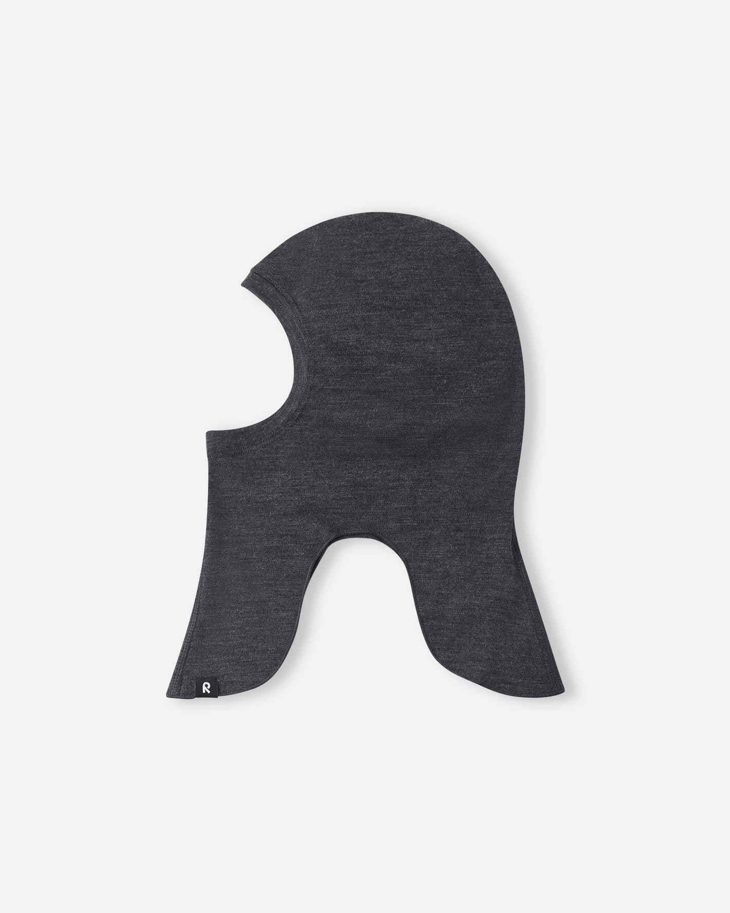 Side profile view of the black melange Reima Aurora kids' wool balaclava, demonstrating the contoured neck and shoulder coverage designed to tuck seamlessly into winter jackets without bunching.