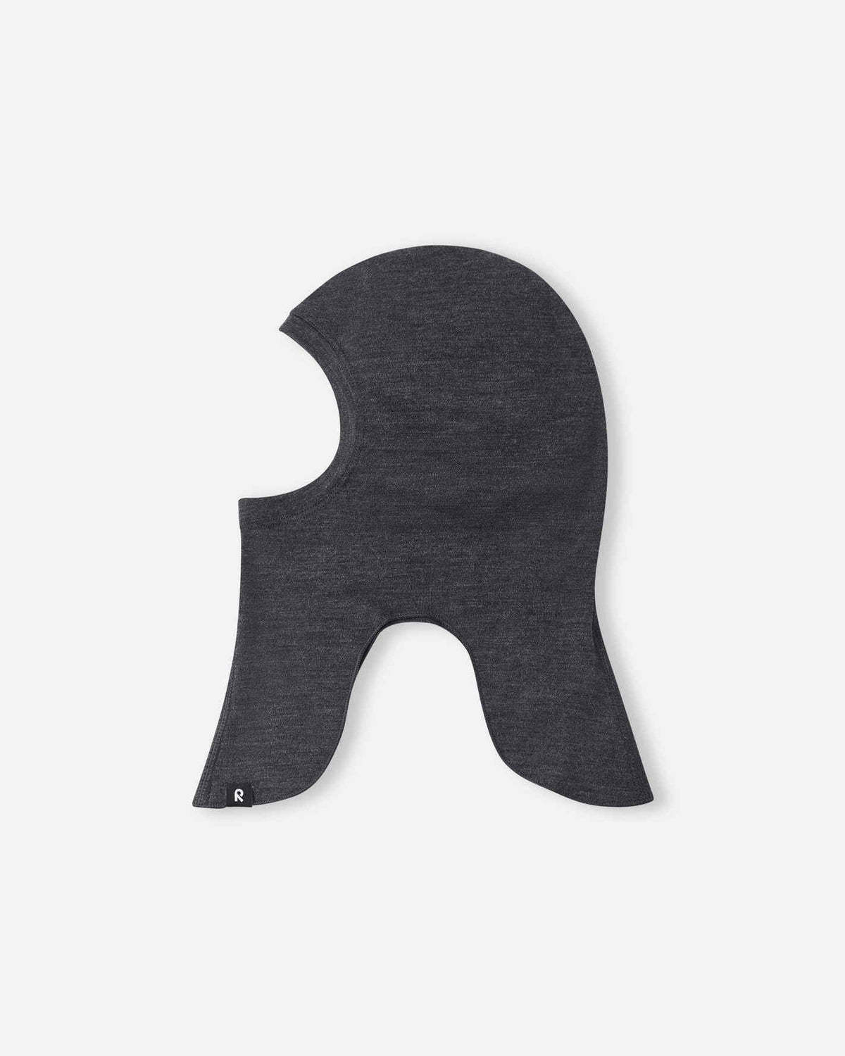 Side profile view of the black melange Reima Aurora kids' wool balaclava, demonstrating the contoured neck and shoulder coverage designed to tuck seamlessly into winter jackets without bunching.