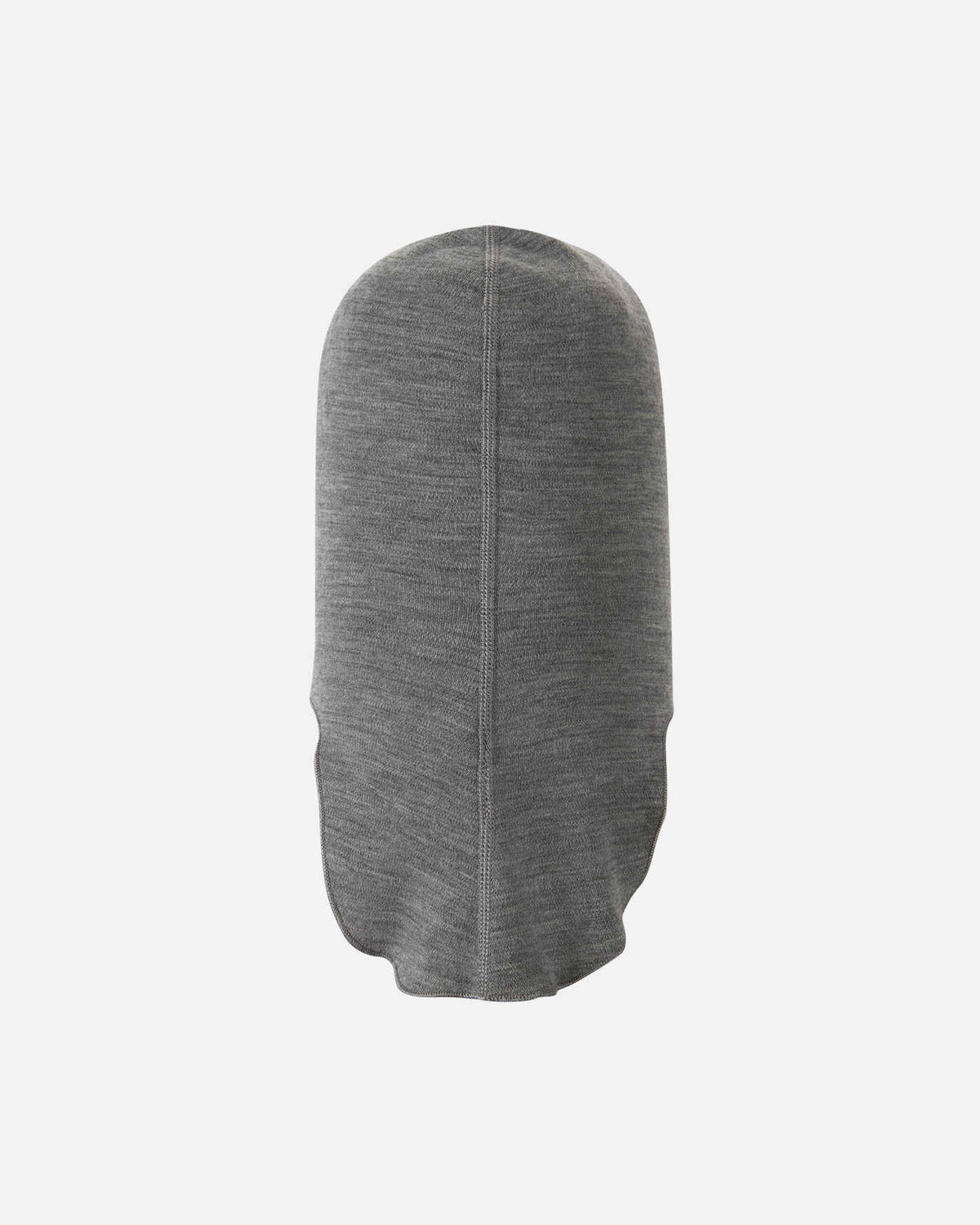 Back flat lay view of the melange grey Reima Aurora kids' wool base layer balaclava, displaying the soft, lightweight knit construction engineered for natural moisture-wicking and all-day warmth.
