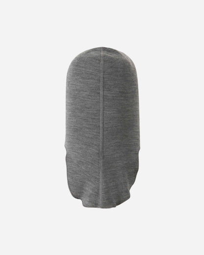 Back flat lay view of the melange grey Reima Aurora kids' wool base layer balaclava, displaying the soft, lightweight knit construction engineered for natural moisture-wicking and all-day warmth.
