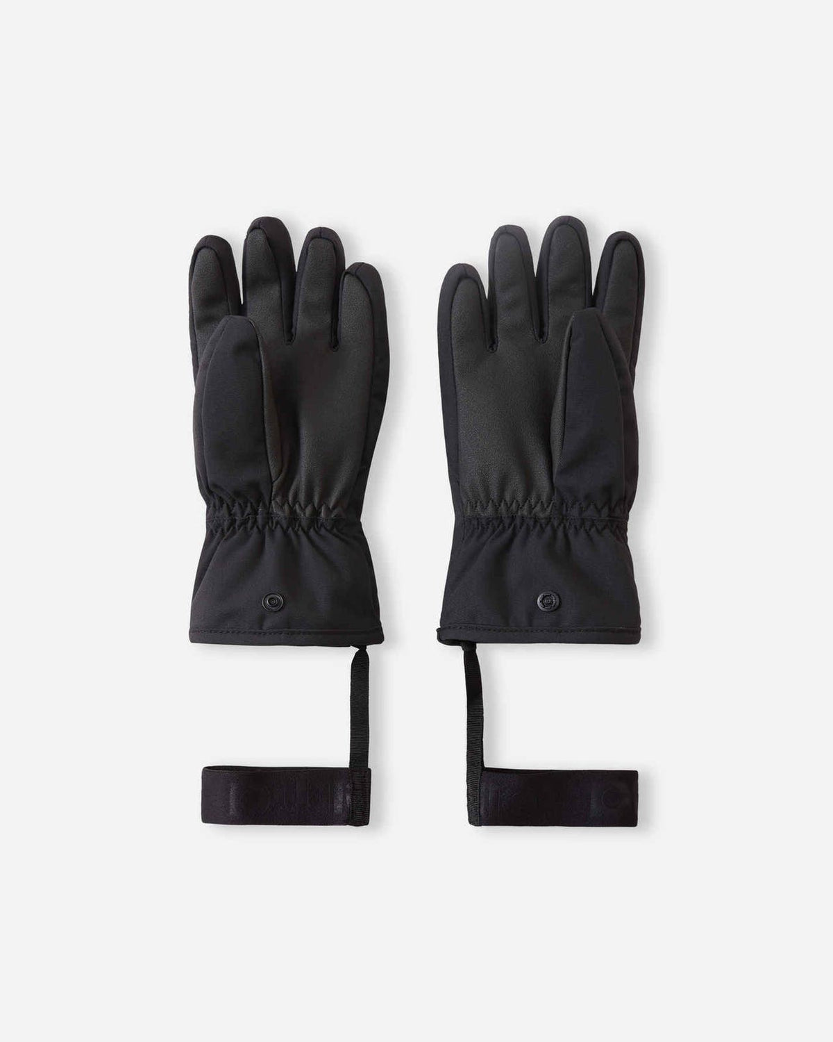 Palm view of the Reima Hankas kids' winter ski gloves, displaying durable black reinforced grip panels across the palms and fingers, elasticated under-wrists, and attachment security straps.