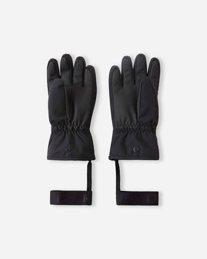 Palm view of the Reima Hankas kids' winter ski gloves, displaying durable black reinforced grip panels across the palms and fingers, elasticated under-wrists, and attachment security straps.
