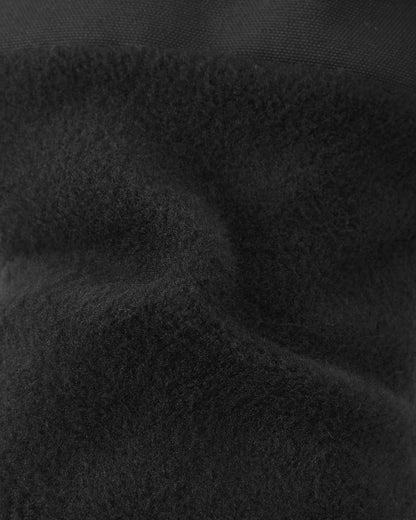 Text: Extreme close-up of the soft black interior fleece lining inside the Reima Hankas Reimatec kids ski gloves, engineered to provide breathable thermal insulation for cold hands.
