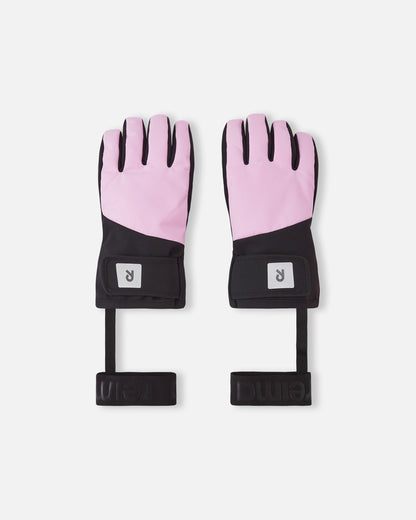 Front view of Reima Hankas Reimatec kids ski gloves in light heather and black, featuring a reflective logo and attached elastic wrist leashes to prevent dropping on the slopes.