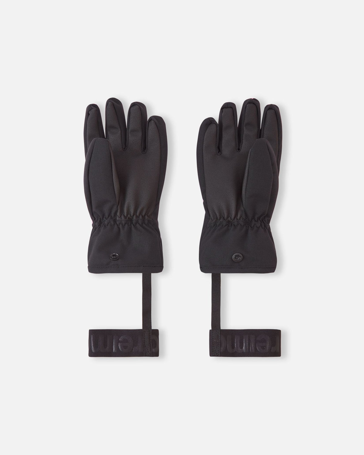 Palm side of the light heather Reima Hankas kids ski gloves, highlighting the durable black grip material, elastic gathered wrist, and secure snap button closure for winter sports.