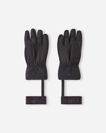 Palm side of the light heather Reima Hankas kids ski gloves, highlighting the durable black grip material, elastic gathered wrist, and secure snap button closure for winter sports.